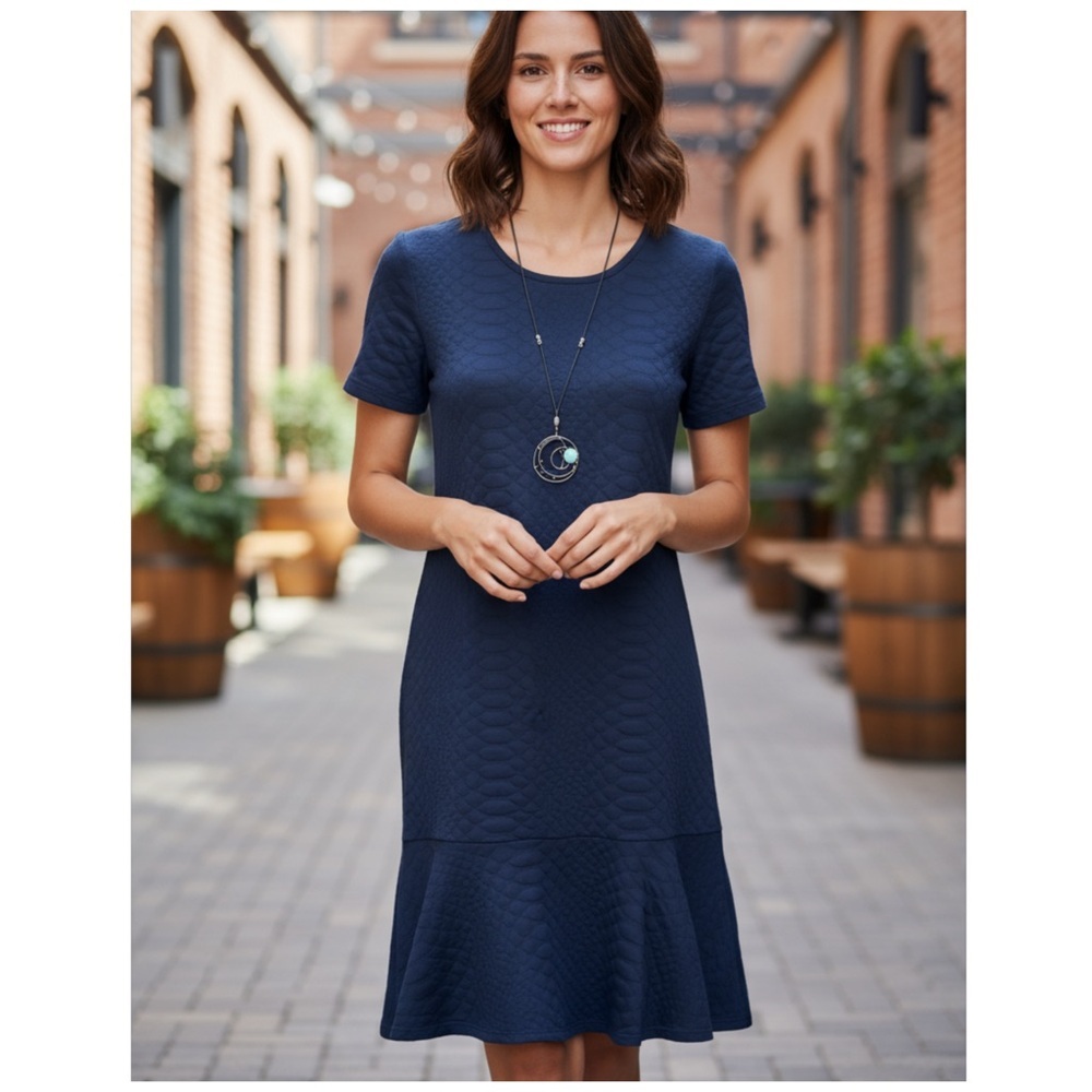 Sharagano Navy Blue Textured Flounce Hem Midi Dress Reptile Skater Size 6